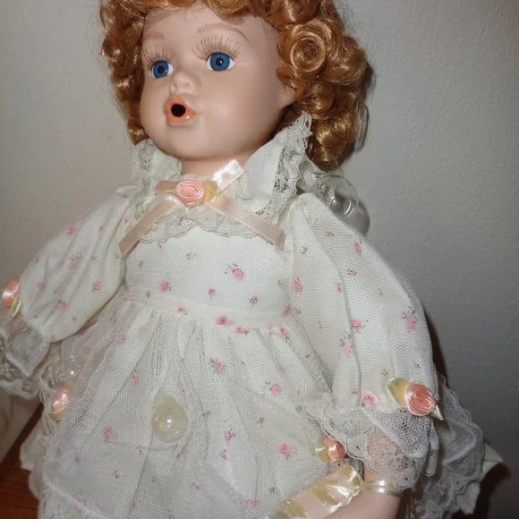 Blowing Bubbles Porcelain Doll with Wand & Bubbles and Seat To Sit On 15 Inch - Picture 7 of 10